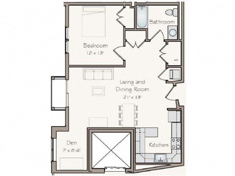 Floor plan for 1 bed, 1 bath, 769 sqft